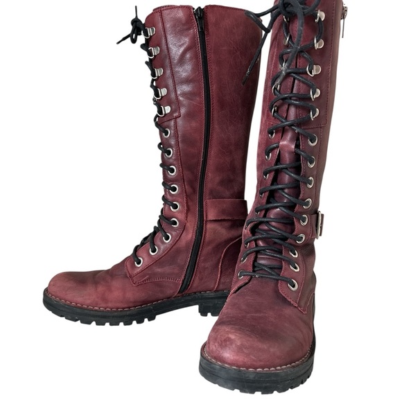 Shoes - Women's Burgundy Lace-Up Leather Boots